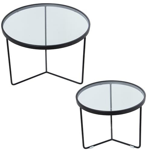 DRW Set mit 2 runden Tischen aus Metall und Glas in Schwarz und Transparent, 60 x 45 und 45 x 38 cm, 60x45 y 45x38cm von DRW