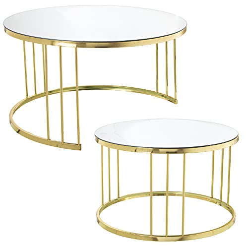 DRW Set mit 2 runden Tischen aus Metall und Spiegel in Gold 90 x 50 cm und 72 x 45 cm, bunt, estandar von DRW