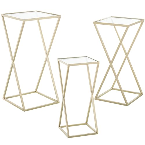DRW Set mit 3 Beistelltischen aus Metall und Glas in Gold, 33 x 33 x 70 cm von DRW