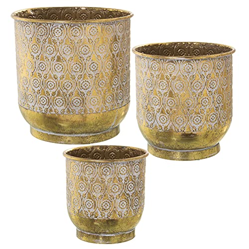 DRW Set mit 3 Blumentöpfen aus Metall in Topfform in Gold und Weiß, 33 x 33 cm, 27 x 28 cm und 23 x 23 cm, Mehrfarbig, estandar von DRW
