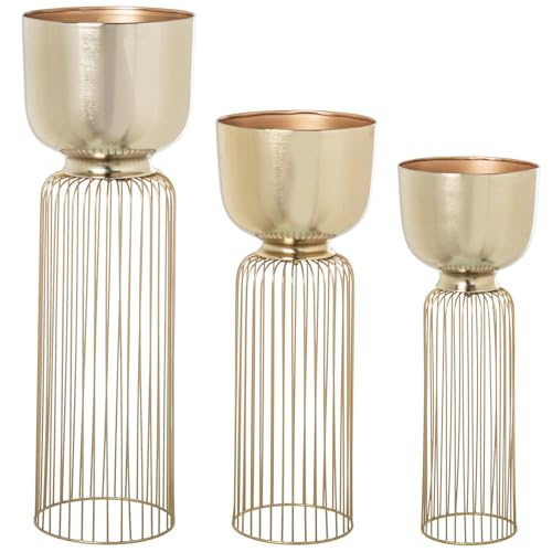 DRW Set mit 3 Blumentöpfen mit Fuß aus vergoldetem Metall, 28 x 28 x 84 cm, 26 x 26 x 58 cm und 23 x 23 x 62 cm von DRW