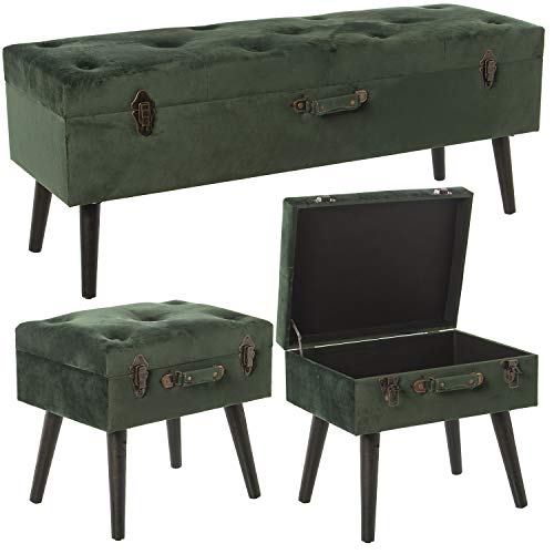 DRW Set mit 3 Hockern/Bettkasten, aus Holz und Stoff, grün, Maße: 120 x 41 x 51 cm, 48 x 38 x 44 cm von DRW