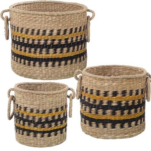 DRW Set mit 3 Körben aus Seegras in Natur, Schwarz und Gelb, 38 x 31, 33 x 29 und 27 x 26 cm von DRW