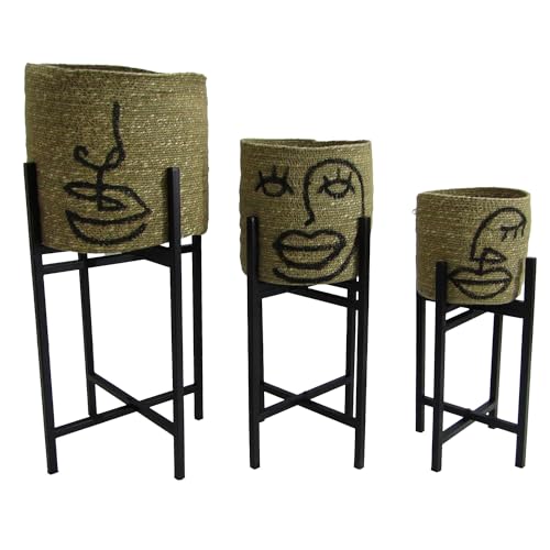 DRW Set mit 3 Pflanzgefäßen aus Weide und Metall mit Gesichtern in Natur und Weiß, 26 x 26 x 58 cm, 20 x 20 x 48 und 17 x 17 x 41 cm DRW Set mit 3 Pflanzgefäßen aus Weide und Metall mit Gesichtern in Natur und Weiß, 26 x 26 x 58 cm, 20 x 20 x 48 und 17 x 17 x 41 cm von DRW