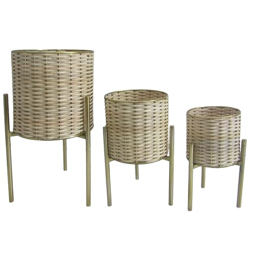 DRW Set mit 3 Pflanzgefäßen mit Korbgeflecht und Metall in Natur und Gold, 24 x 24 x 46, 19 x 19 x 36 und 15 x 15 x 31 cm von DRW