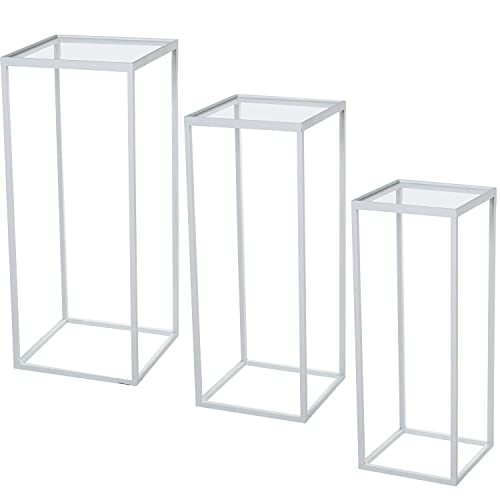 DRW Set mit 3 Sockeln aus Metall und Glas in weiß und transparent, 21 x 21 x 76 cm, 28 x 28 x 80 cm und 35 x 35 x 85 cm, bunt, estandar von DRW