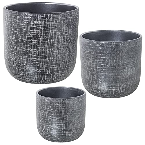DRW Set mit 3 runden Keramik-Blumentöpfen in Silber, 30 x 28 cm, 25 x 24 cm und 20 x 19 cm von DRW