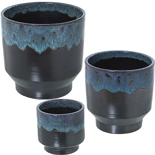 DRW Set mit 3 runden Pflanzgefäßen aus Keramik in Blau und Schwarz, reaktiv, 16 x 16, 21 x 21 und 26 x 26 cm von DRW