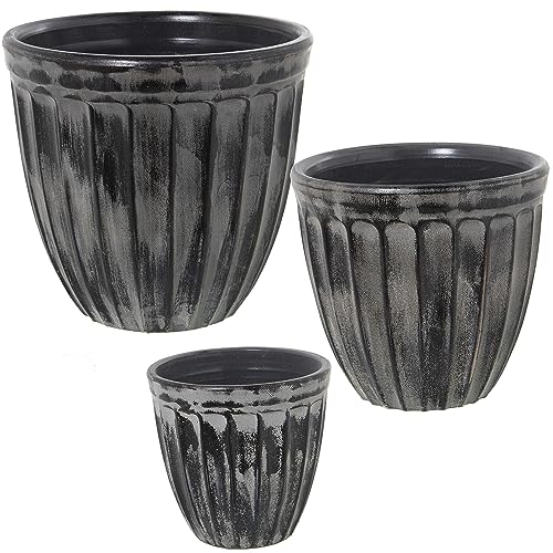 DRW Set mit 3 runden Pflanzgefäßen aus Keramik in abgenutztem Schwarz, 18 x 17, 24 x 22 und 30 x 27 cm von DRW