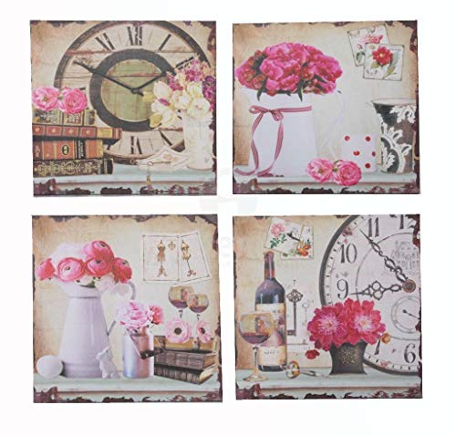 DRW Set mit 4 Bildern, Blumen mit Uhren, Verschiedene Farbtöne, 40 x 40 x 2 cm von DRW