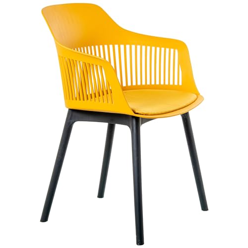 DRW Set mit 4 Stühlen aus PP mit PU-Kissen in Gelb und Schwarz, 54 x 58 x 83 cm von DRW