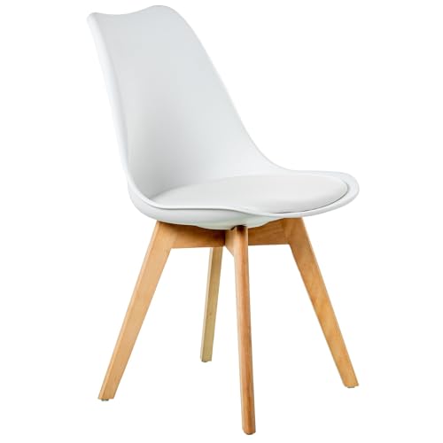 DRW Set mit 4 Stühlen aus Polypropylen, Holz und PU-Kissen in Weiß und Natur, 46 x 53 x 80 cm, PP, Medidas: 46x53x80 cm von DRW
