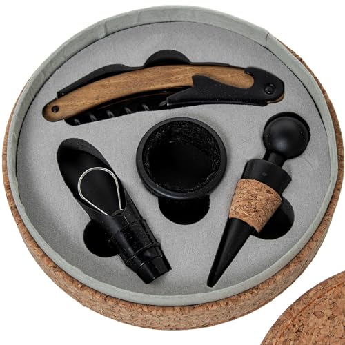 DRW Set mit 4 Weinutensilien in Korkbox in Beige und Schwarz, 15 x 15 x 4,5 cm von DRW