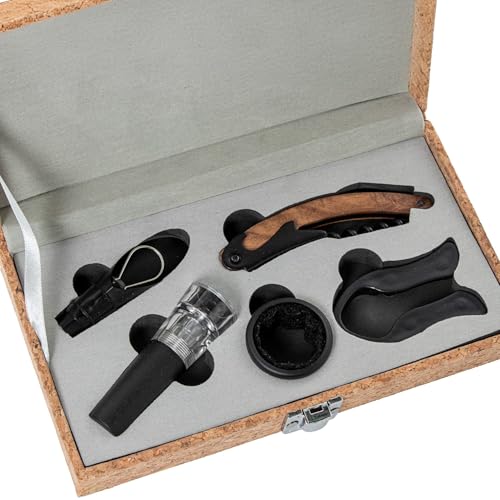 DRW Set mit 4 Weinutensilien in Korkbox in Schwarz und Beige, 22,5 x 12 x 5,5 cm von DRW