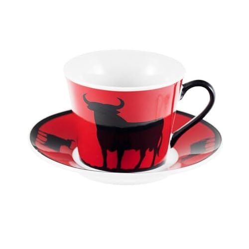 DRW Set mit 4 großen Tassen Stier Schwarz und Rot mit Untertasse 11 x 8 x 7 cm, Keramik, Taza 11x8x7 cm von DRW