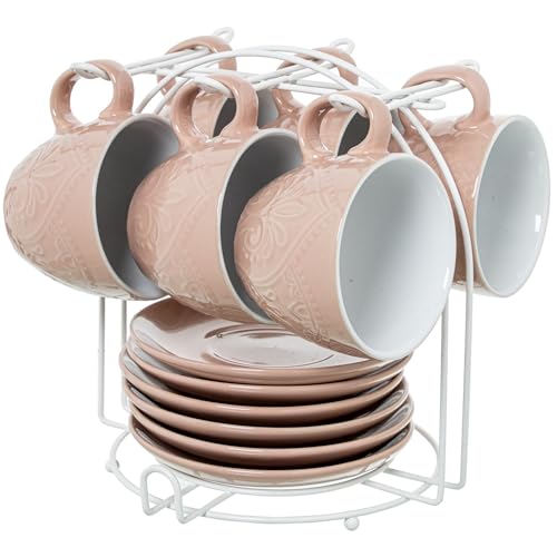 DRW Set mit 6 Tassen und Ständer aus Porzellan und Metall, 9 x 8 x 9 cm, Weiß und Pfirsich, Medidas: 9x8x9 cm von DRW