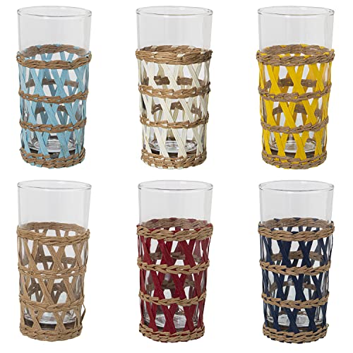 DRW Set mit 6 hohen Gläsern, 350 ml, aus transparentem Glas mit farbigem Weide, 7,5 x 16 cm von DRW