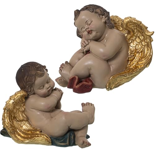 DRW Set von 2 Figuren Engel sitzen und schlafen aus Kunstharz in Beige und Gold, 10 x 11 x 14 cm von DRW