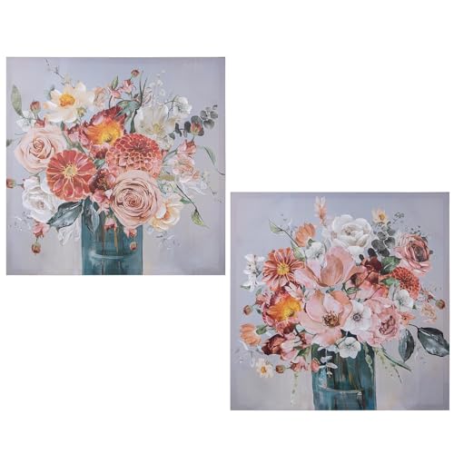 DRW Set von 2 Gemälden, 40% handbemalt, mit verschiedenen Blumen und verschiedenen Farben, 80 x 80 x 3 cm von DRW