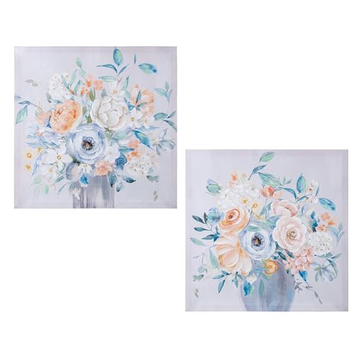 DRW Set von 2 Gemälden, 40% handbemalt, quadratisch, mit verschiedenen Blumen und mehreren Farben, 60 x 60 x 3 cm von DRW