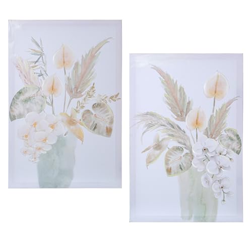 DRW Set von 2 Gemälden, 40% handbemalt, rechteckige Leinwand, verschiedene Blumen, verschiedene Farben, 60 x 40 x 3 cm von DRW