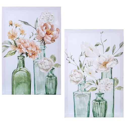 DRW Set mit 2 rechteckigen Leinwandbildern, 40% handbemalt, mit verschiedenen Blumen und verschiedenen Farben, 60 x 40 x 3 cm von DRW