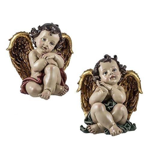 DRW Set von 2 sitzenden Engeln mit großen Flügeln aus Harz, handbemalt, 10 x 10 x 25 cm DRW Set von 2 sitzenden Engeln mit großen Flügeln aus Harz, handbemalt, 10 x 10 x 25 cm von DRW