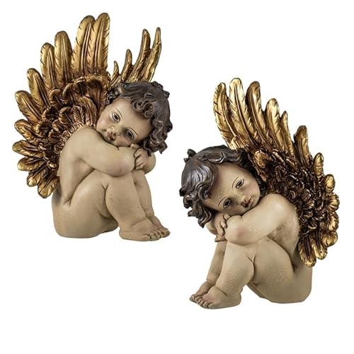 DRW Set von 2 sitzenden Engeln mit großen Flügeln aus Harz, handbemalt in Goldtönen, 10 x 10 x 29 cm DRW Set von 2 sitzenden Engeln mit großen Flügeln aus Harz, handbemalt in Goldtönen, 10 x 10 x 29 cm von DRW