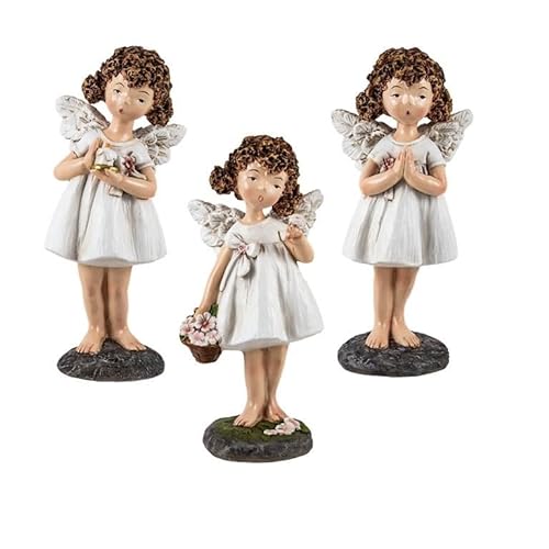 DRW Set von 3 kleinen Engeln mit stehenden Locken mit Blumen aus Kunstharz, handbemalt, 15 cm von DRW