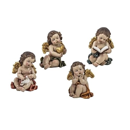 DRW Set von 4 sitzenden Engeln mit Tieren und Kerzen aus Kunstharz, handbemalt, 3 x 3 x 10 cm von DRW
