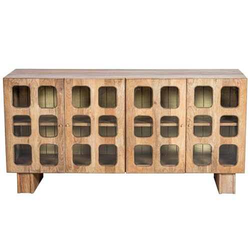 DRW Sideboard mit 4 Türen aus Holz und Glas in Natur, 162 x 42 x 75 cm von DRW