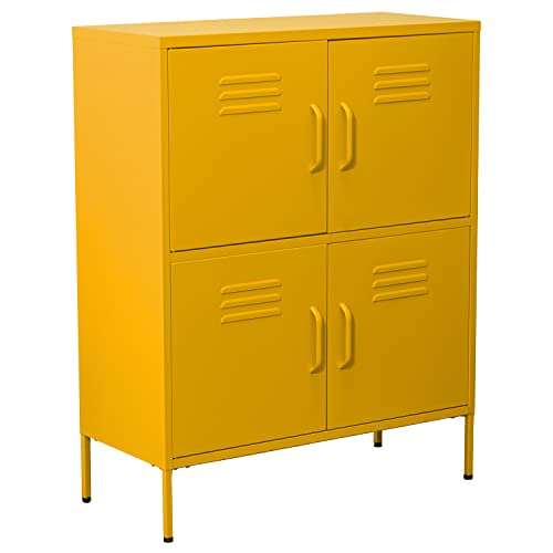 DRW Sideboard mit 4 Türen mit Lüftungsschlitzen aus Metall in Gelb 80 x 35 x 102 cm, Höhe: 15 cm, estandar von DRW