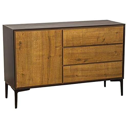 DRW Sideboard mit DREI Schubladen und Einer Tür aus MDF und Metall in Natur und Schwarz, 116 x 40 x 75 cm, hoch. Füße 18 cm, 116x40x75cm von DRW