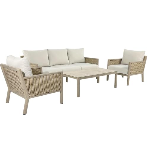 DRW Sofa-Set, Couchtisch und 2 Sessel aus Aluminium und Rattan in Beige und Natur, Sessel 75 x 85 x 75 cm, Sofa: 165 x 85 x 75 cm, Tisch: 90 x 60 x 44 cm von DRW