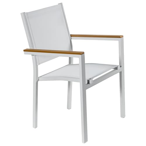 DRW Stuhl aus Aluminium und Textilene mit Armlehnen aus Holz Kunststoff in Weiß, 60 x 55 x 86 cm von DRW