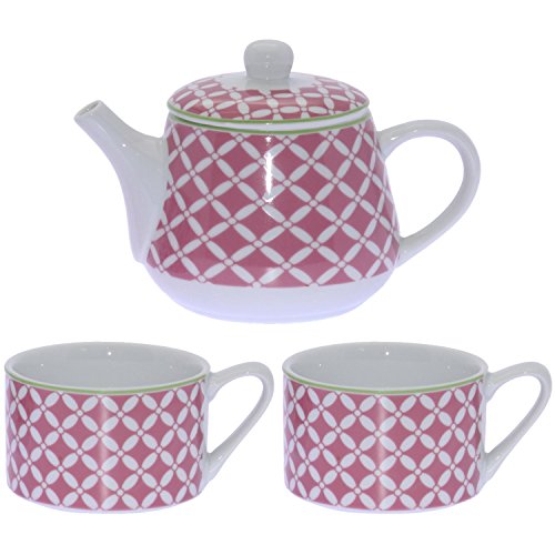 DRW Teekanne mit 2 Tassen aus Porzellan, Rosa, 17 x 10 x 10 cm von DRW