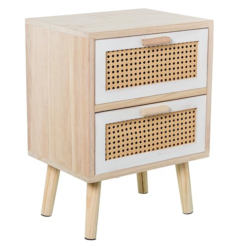 DRW Nachttisch mit 2 Schubladen aus MDF und natürlichem Weidengeflecht, 40 x 30 x 55 cm von DRW