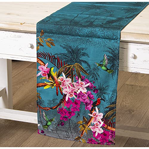 DRW Tischläufer aus Baumwolle mit Digitaldruck mit Blumen und Vögeln 33 x 180 cm, Mehrfarbig, estandar von DRW