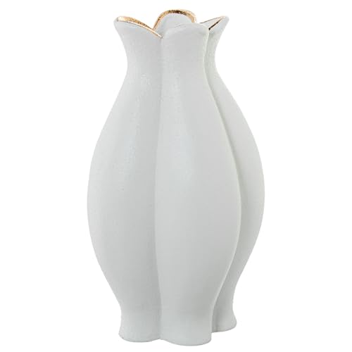 DRW Tischvase aus Keramik in weißer Form mit Goldrand, 23 x 23 x 40 cm von DRW