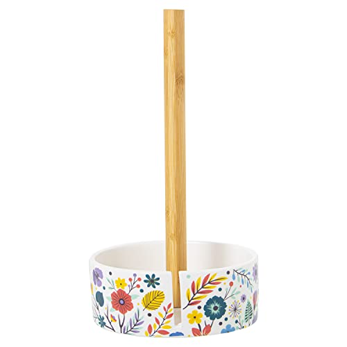 DRW Toilettenpapierhalter aus Holz mit Keramikboden Blumen 14 x 32 cm, Mehrfarbig, estandar von DRW