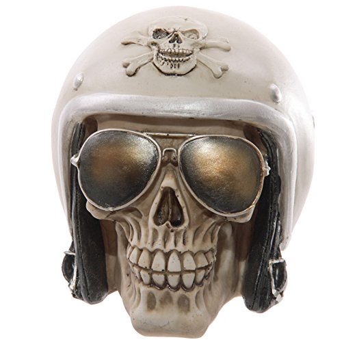 DRW Totenkopf mit Helm und Brille aus Kunstharz, 13,5 x 13,5 x 15,5 cm von DRW