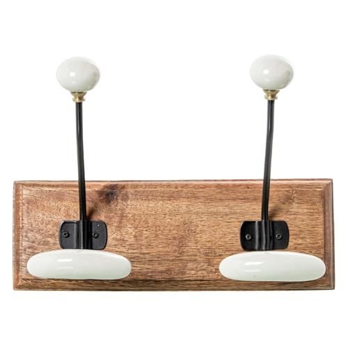 DRW Wandgarderobe aus Holz mit 2 Haken aus Metall und Keramik in Weiß, Schwarz und Natur, 19 x 28 x 14 cm von DRW