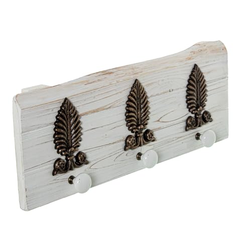 DRW Wandgarderobe aus Holz mit 3 Keramikhaken und Metallverzierungen, Weiß und Gold, 48 x 7 x 18 cm von DRW