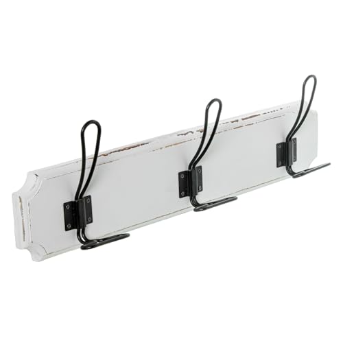 DRW Wandgarderobe aus Holz mit 3 weißen und schwarzen Metallhaken, 48 x 7 x 13 cm von DRW