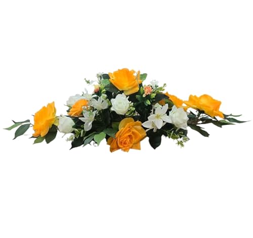 DRW Zentrum Blumen Friedhof Heiligen verlängert, weiße und gelbe Farbtöne 100 x 35 cm, Polyester, 100x35 cm von DRW