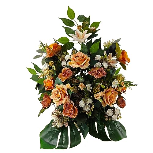 DRW Zentrum Kunstblumen Friedhof, Heilige, Kirchen, Jahrestage, Zeremonien, Hochzeit, Orange, Rosen und Lilien, 60 x 60 x 32 cm von DRW