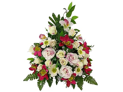 DRW Zentrum Kunstblumen Friedhof, Heilige, Kirchen, Jahrestage, Zeremonien, Rosa und Fuchsia-Hochzeiten mit Orchideen, Rosen und Knospen 70x65x30 cm von DRW