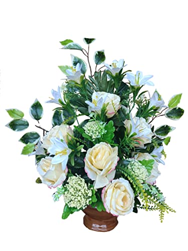 DRW Zentrum der künstlichen Blumen Friedhof, Heiligen, Jubiläen, Gelbe Rosen und weiße Schneeglöckchen 55 cm breit x 60 cm hoch x 25 cm tief (ca.) von DRW