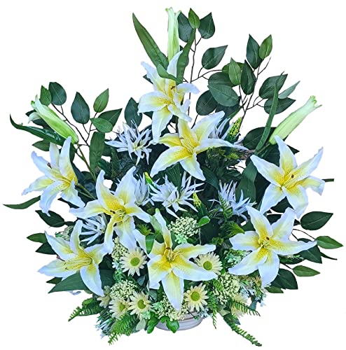 DRW Zentrum für künstliche Blumen Friedhof, Heiligen, Jubiläen, Gelb und Weiß 64 cm hoch x 70 cm breit x 30 cm tief von DRW