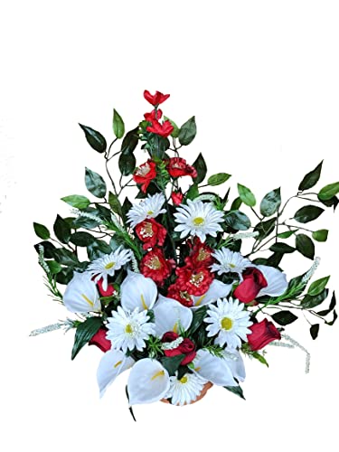 DRW Zentrum für künstliche Blumen Friedhof, Heiligen, Jubiläen, Rot und Weiß Buchten, Gänseblümchen und Knospen 50 cm x 60 cm Höhe x 25 cm von DRW